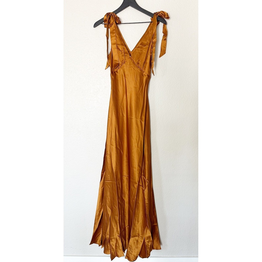 Reformation Pernille‎ Tie-Strap Silk Maxi Dress Bronze Gold V-Neck Gown Medium - Picture 2 of 10